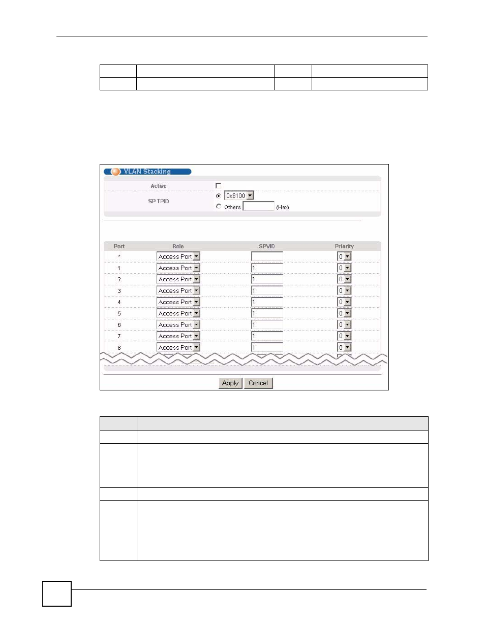 4 configuring vlan stacking, Figure 81 advanced application > vlan stacking, Table 52 advanced application > vlan stacking | ZyXEL Communications GS-4024 User Manual | Page 168 / 462