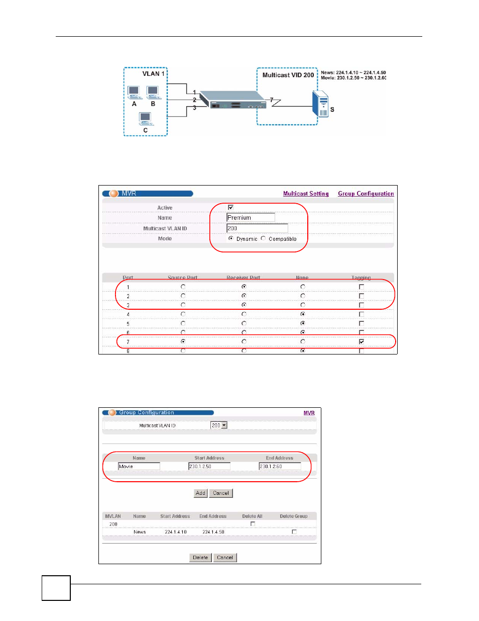 Figure 90 mvr configuration example, Figure 91 mvr configuration example, Figure 92 mvr group configuration example | ZyXEL Communications GS-4024 User Manual | Page 182 / 462