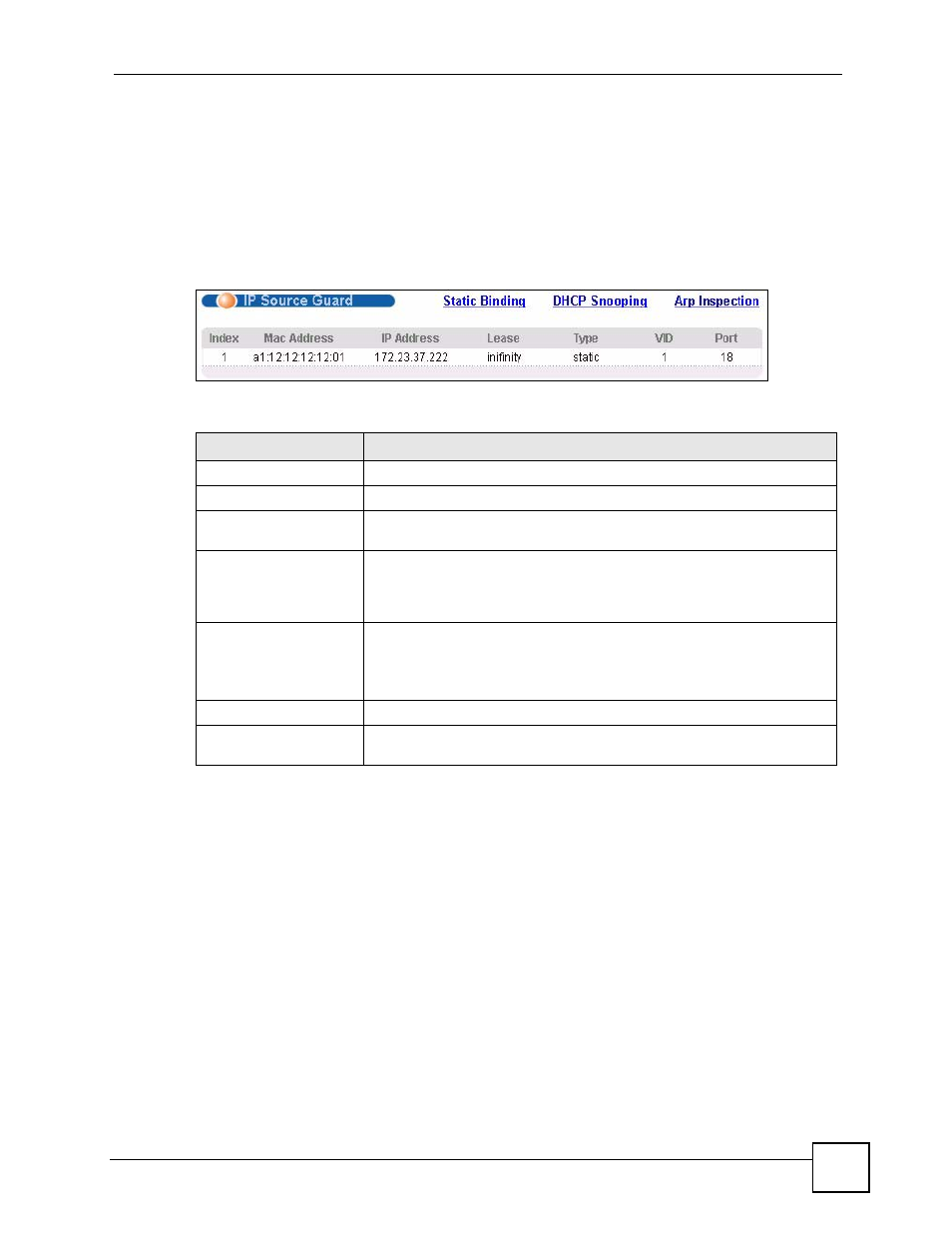 2 ip source guard, 3 ip source guard static binding, Figure 101 ip source guard | Table 68 ip source guard | ZyXEL Communications GS-4024 User Manual | Page 203 / 462