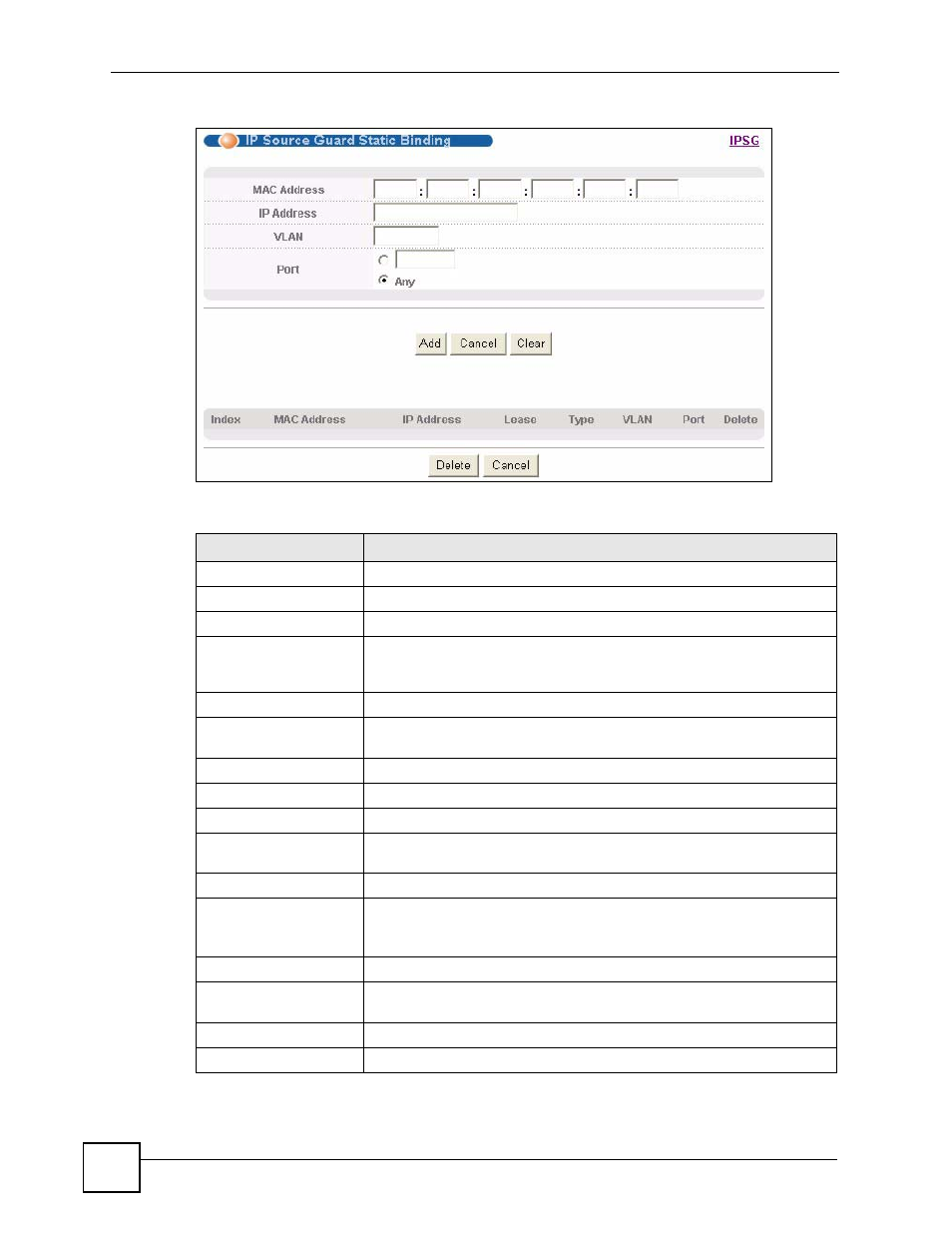 Figure 102 ip source guard static binding, Table 69 ip source guard static binding | ZyXEL Communications GS-4024 User Manual | Page 204 / 462