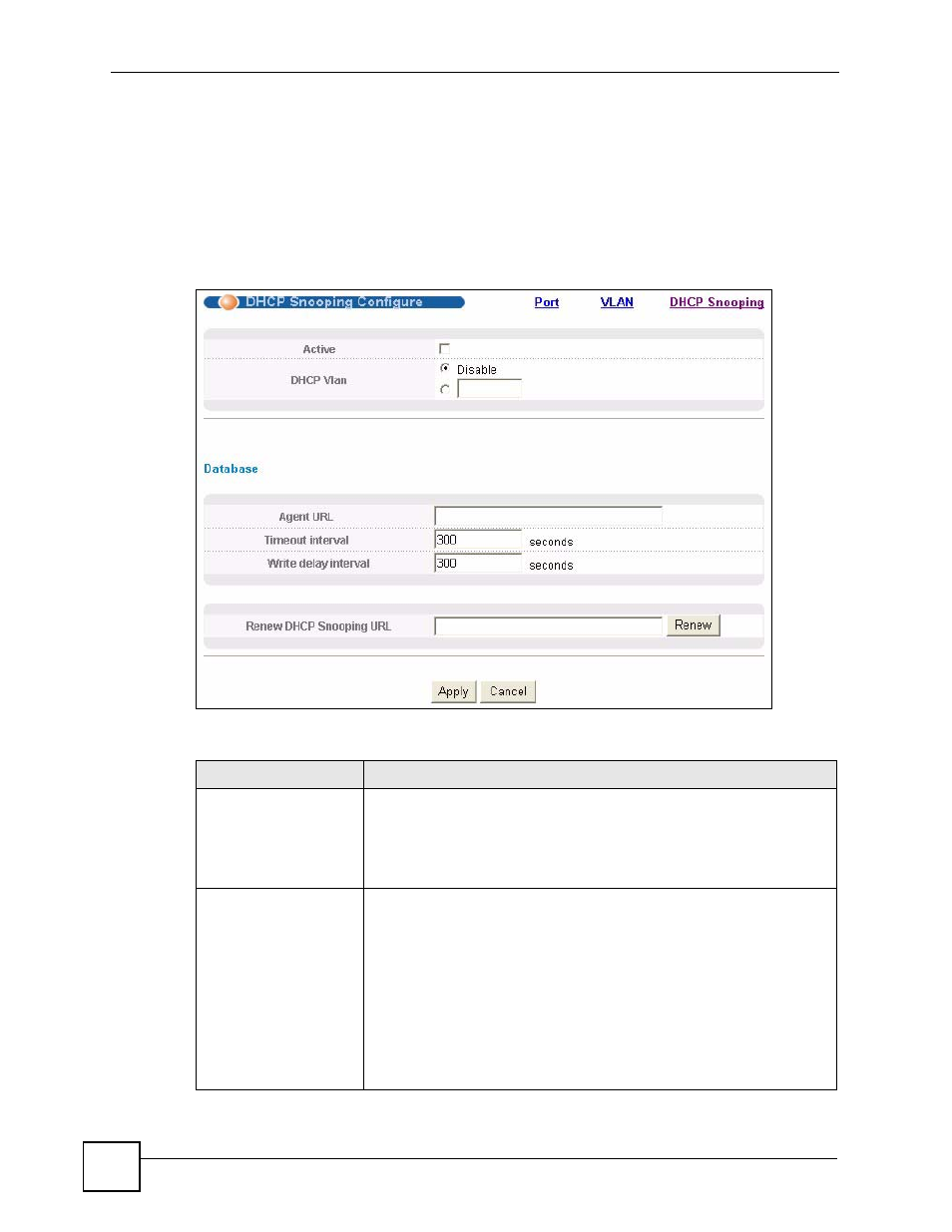 5 dhcp snooping configure, Figure 104 dhcp snooping configure, Table 71 dhcp snooping configure | ZyXEL Communications GS-4024 User Manual | Page 208 / 462