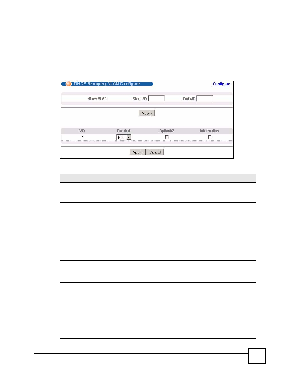 2 dhcp snooping vlan configure, Figure 106 dhcp snooping vlan configure, Table 73 dhcp snooping vlan configure | ZyXEL Communications GS-4024 User Manual | Page 211 / 462