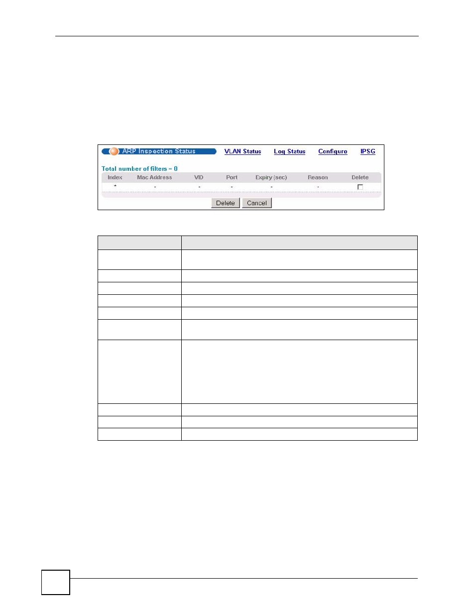 6 arp inspection status, 1 arp inspection vlan status, Figure 107 arp inspection status | Table 74 arp inspection status | ZyXEL Communications GS-4024 User Manual | Page 212 / 462