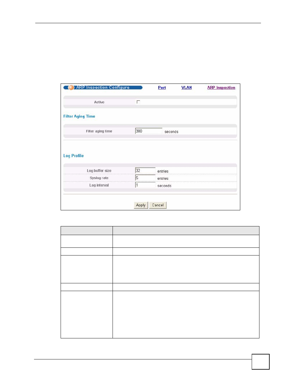 7 arp inspection configure, Figure 110 arp inspection configure, Table 77 arp inspection configure | ZyXEL Communications GS-4024 User Manual | Page 215 / 462