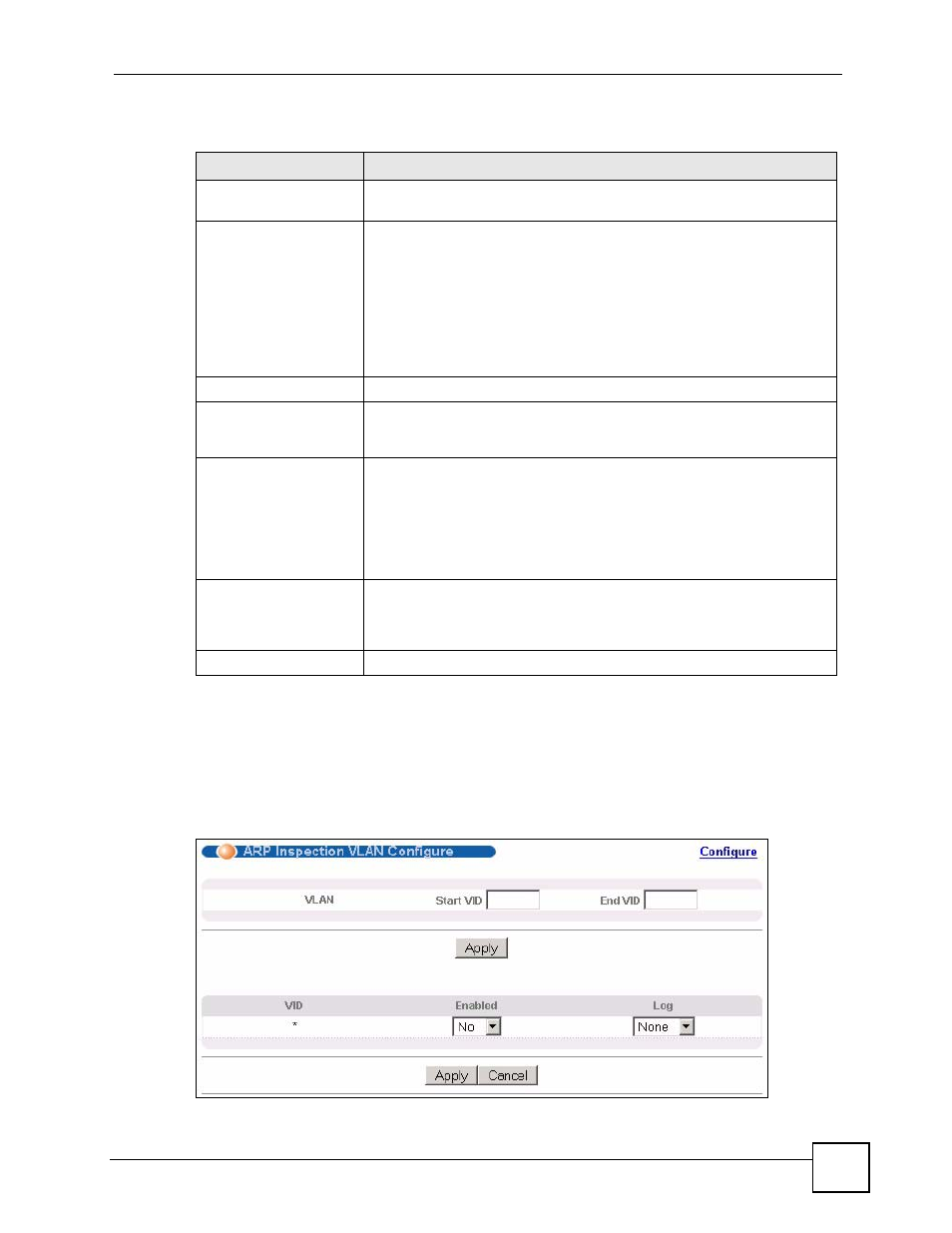 2 arp inspection vlan configure, Figure 112 arp inspection vlan configure, Table 78 arp inspection port configure | Section 24.7.2 | ZyXEL Communications GS-4024 User Manual | Page 217 / 462