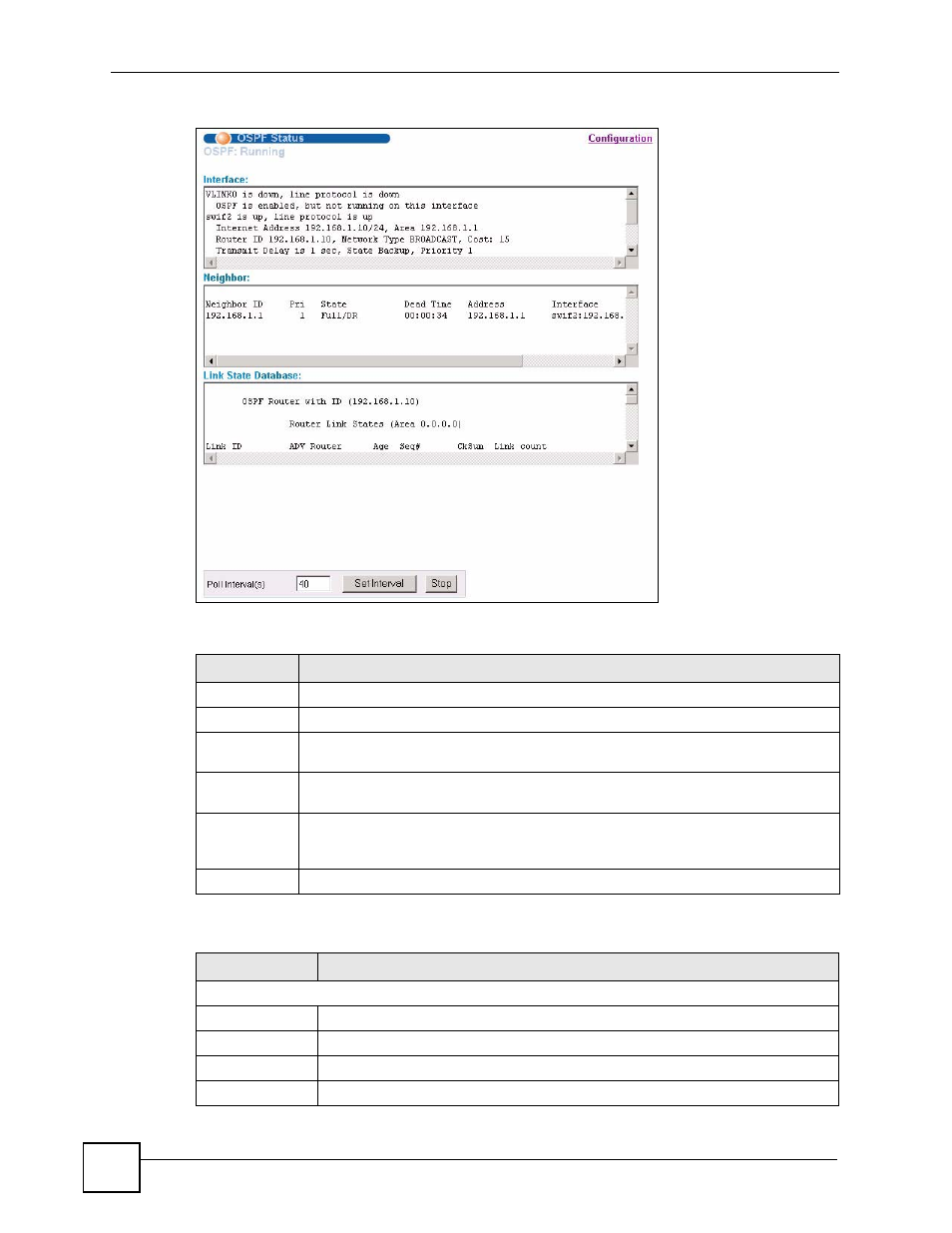 Figure 122 ospf status, Table 85 ospf status, Table 86 ospf status: common output fields | ZyXEL Communications GS-4024 User Manual | Page 232 / 462