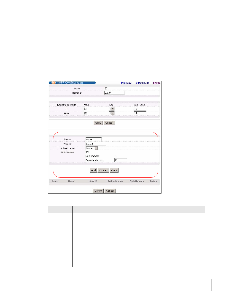 4 configure ospf areas, Figure 123 ospf configuration: area setup, Table 88 ospf configuration: area setup | ZyXEL Communications GS-4024 User Manual | Page 235 / 462