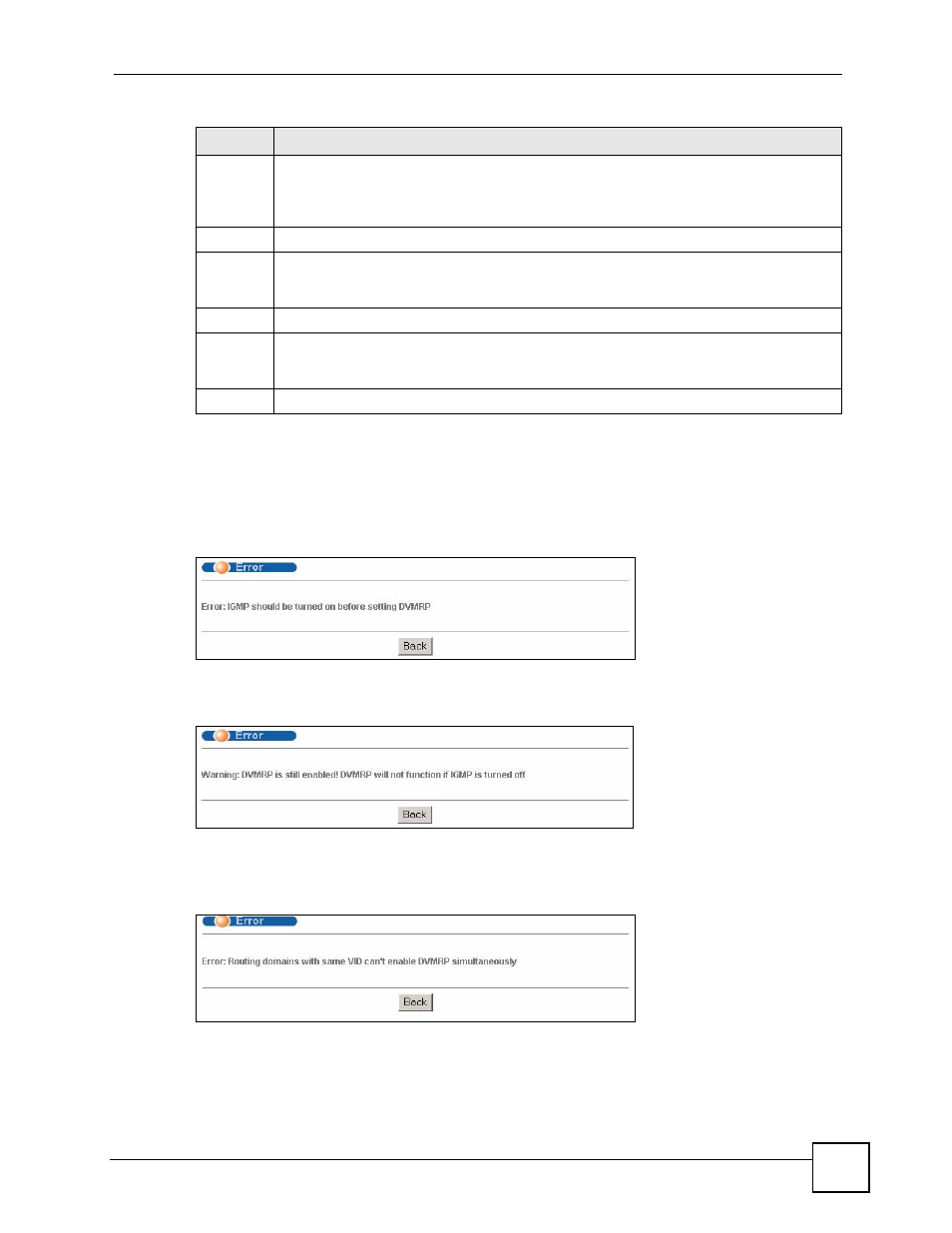 1 dvmrp configuration error messages, Figure 134 dvmrp: igmp/rip not set error, Figure 135 dvmrp: unable to disable igmp error | Figure 136 dvmrp: duplicate vid error message | ZyXEL Communications GS-4024 User Manual | Page 247 / 462