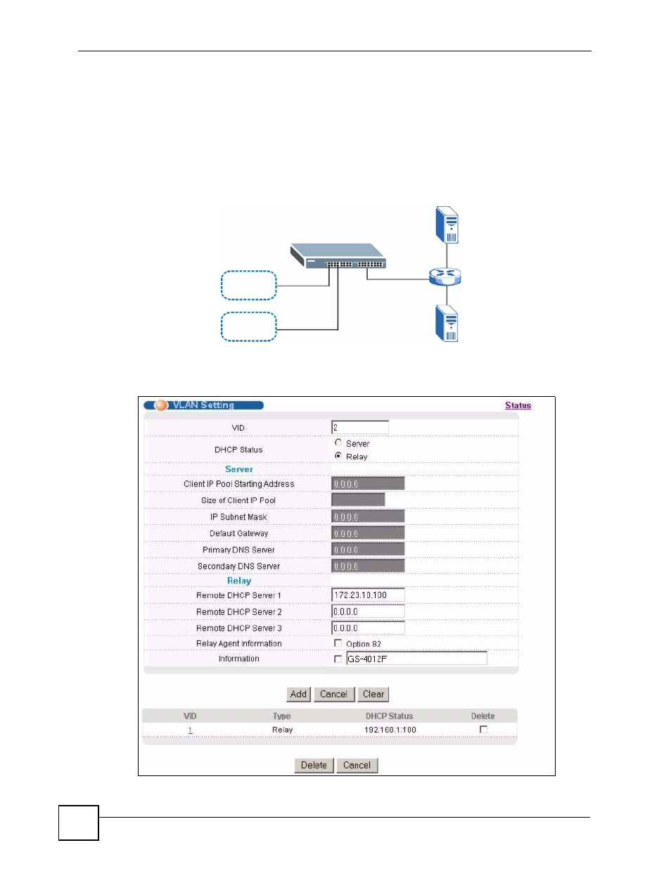 1 example: dhcp relay for two vlans, Figure 151 dhcp relay for two vlans | ZyXEL Communications GS-4024 User Manual | Page 266 / 462