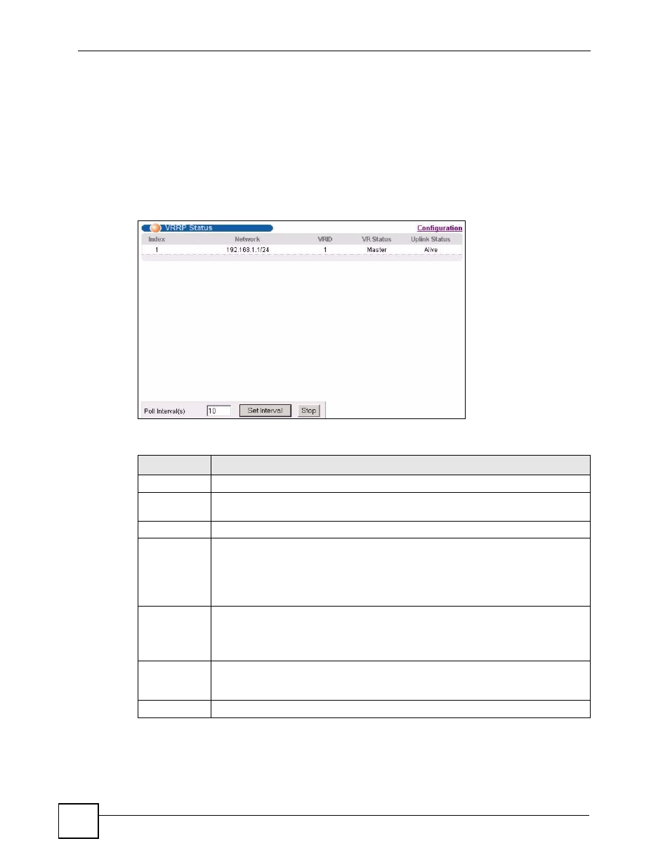 2 vrrp status, Figure 154 vrrp status, Table 105 vrrp status | ZyXEL Communications GS-4024 User Manual | Page 268 / 462