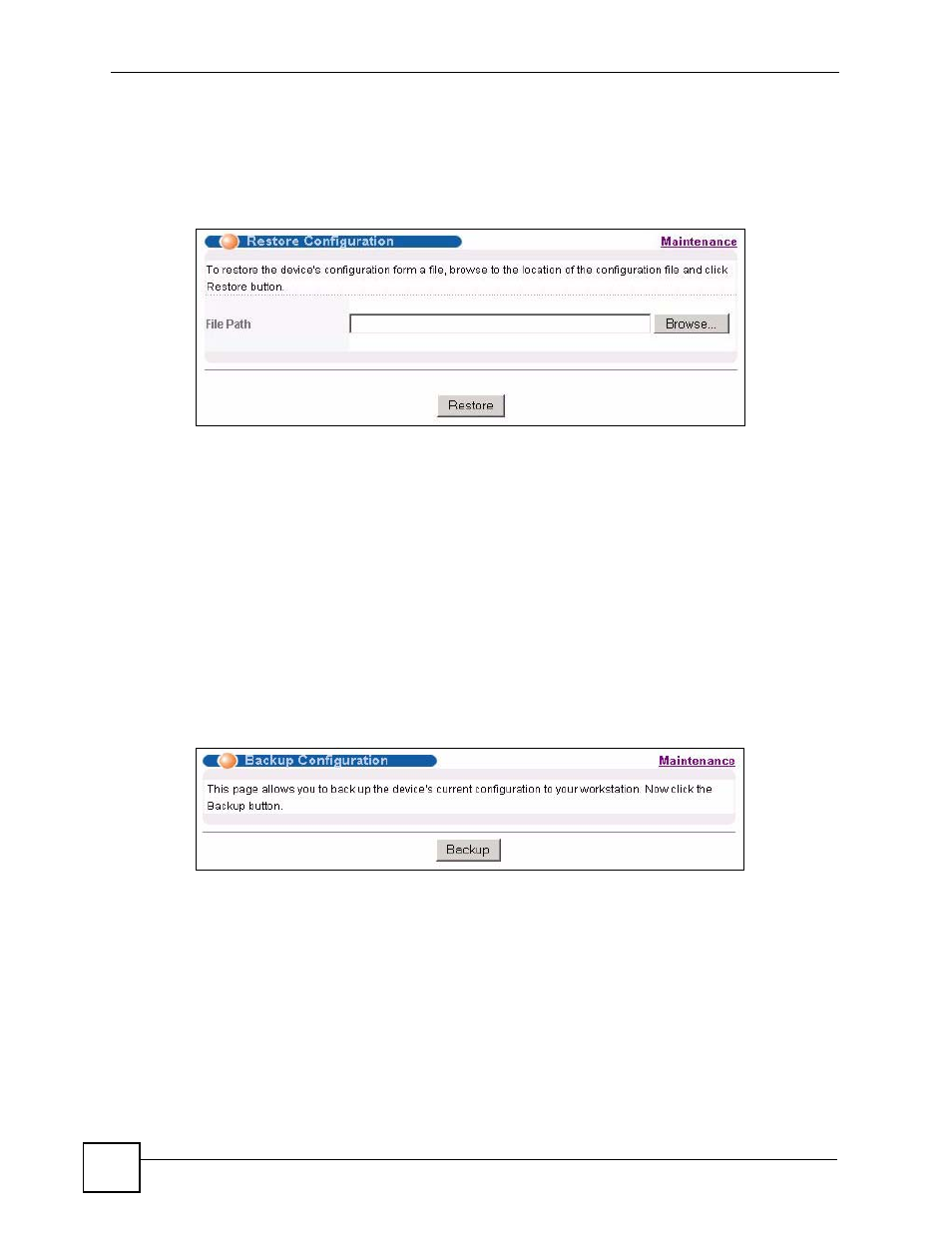 6 restore a configuration file, 7 backup a configuration file, Figure 172 restore configuration | Figure 173 backup configuration | ZyXEL Communications GS-4024 User Manual | Page 282 / 462