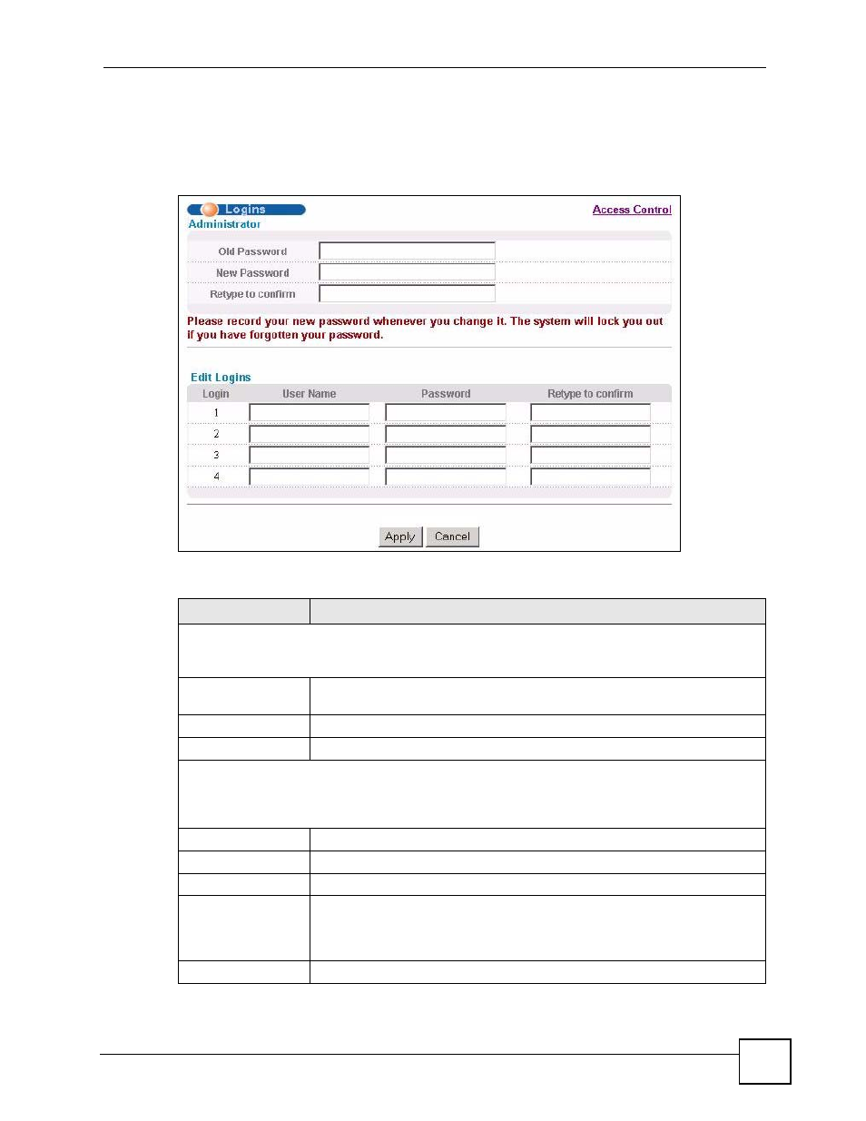 Figure 178 access control: logins, Table 120 access control: logins | ZyXEL Communications GS-4024 User Manual | Page 295 / 462