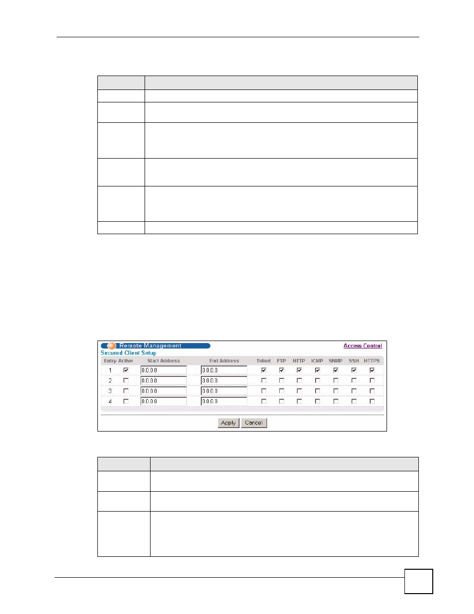 10 remote management, Figure 187 access control: remote management, Table 121 access control: service access control | Table 122 access control: remote management | ZyXEL Communications GS-4024 User Manual | Page 301 / 462