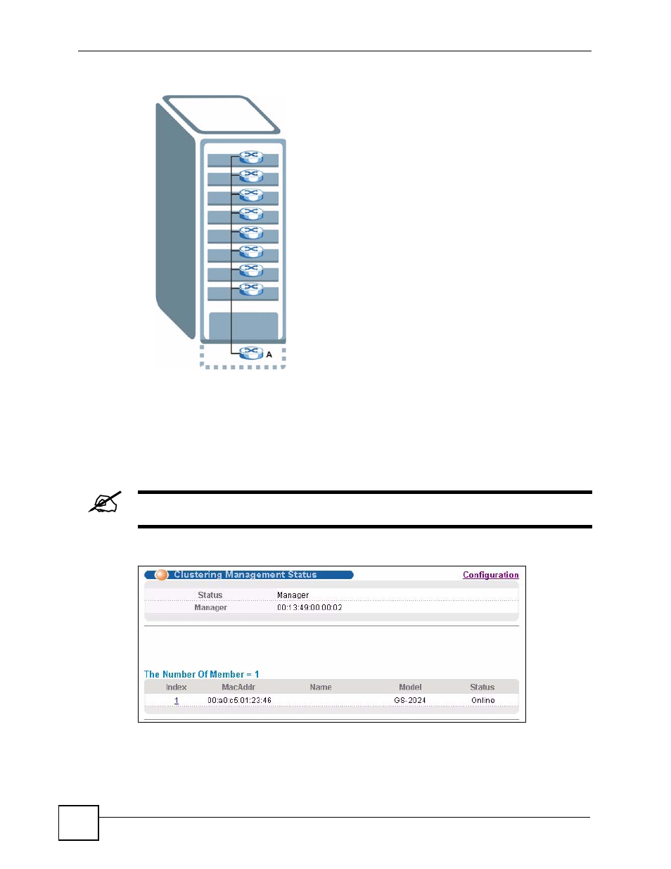 2 cluster management status, Figure 191 clustering application example, Figure 192 cluster management: status | ZyXEL Communications GS-4024 User Manual | Page 310 / 462