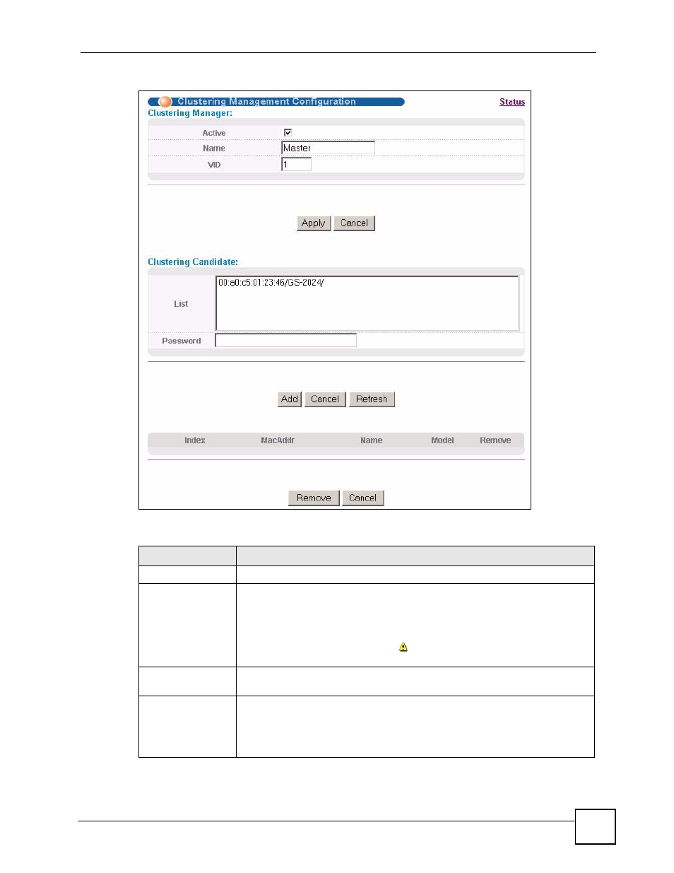 Figure 195 clustering management configuration, Table 130 clustering management configuration | ZyXEL Communications GS-4024 User Manual | Page 313 / 462