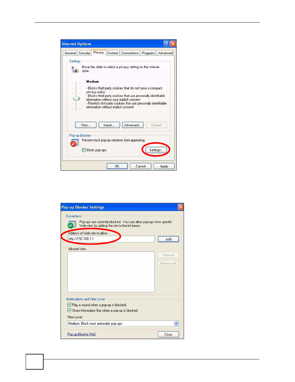 Figure 206 internet options, Figure 207 pop-up blocker settings | ZyXEL Communications GS-4024 User Manual | Page 418 / 462