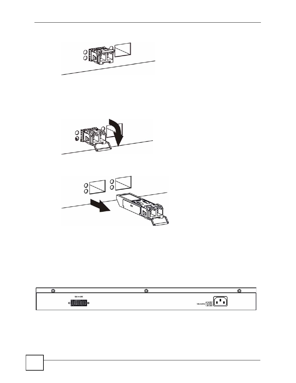2 rear panel, Figure 11 installed transceiver, Figure 12 opening the transceiver’s latch example | Figure 13 transceiver removal example, Figure 14 rear panel: gs-4012f | ZyXEL Communications GS-4024 User Manual | Page 48 / 462