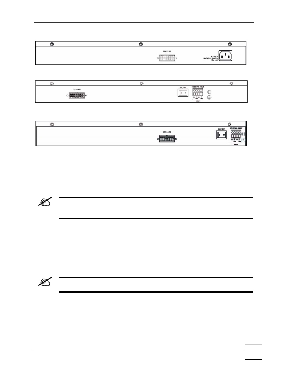 3 power connections overview, 1 ac power connection, Figure 15 rear panel: gs-4024 | Figure 16 rear panel: gs-4012f (dc model), Figure 17 rear panel: gs-4024 (dc model) | ZyXEL Communications GS-4024 User Manual | Page 49 / 462