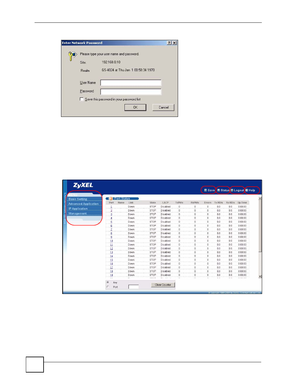 3 the status screen, Figure 19 web configurator: login, Figure 20 web configurator home screen (status) | ZyXEL Communications GS-4024 User Manual | Page 56 / 462
