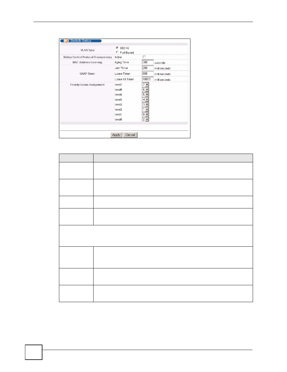 Figure 31 basic setting > switch setup, Table 10 basic setting > switch setup | ZyXEL Communications GS-4024 User Manual | Page 82 / 462