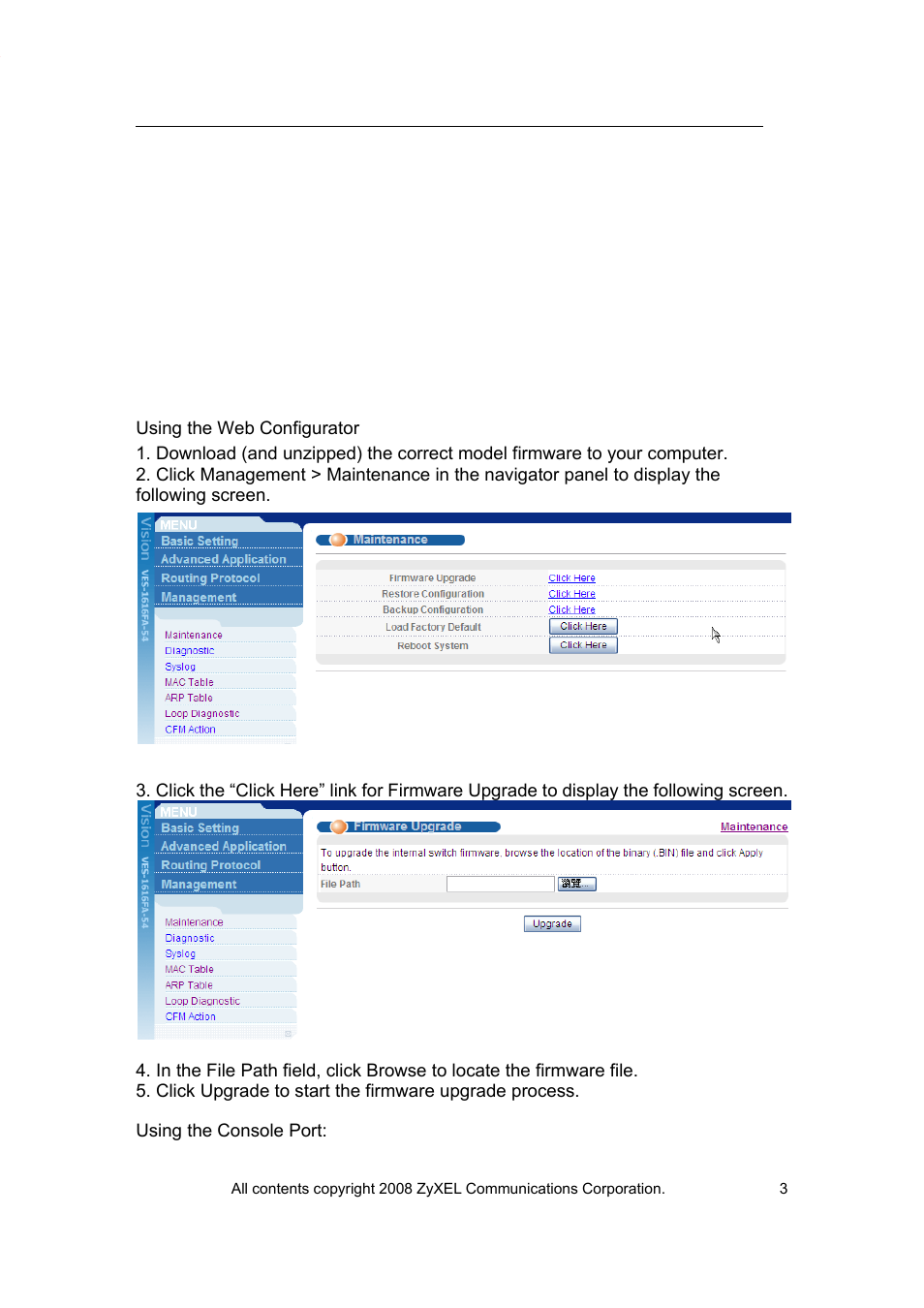 Switch management and maintenance, Firmware upgrade | ZyXEL Communications VES-1616 User Manual | Page 4 / 118
