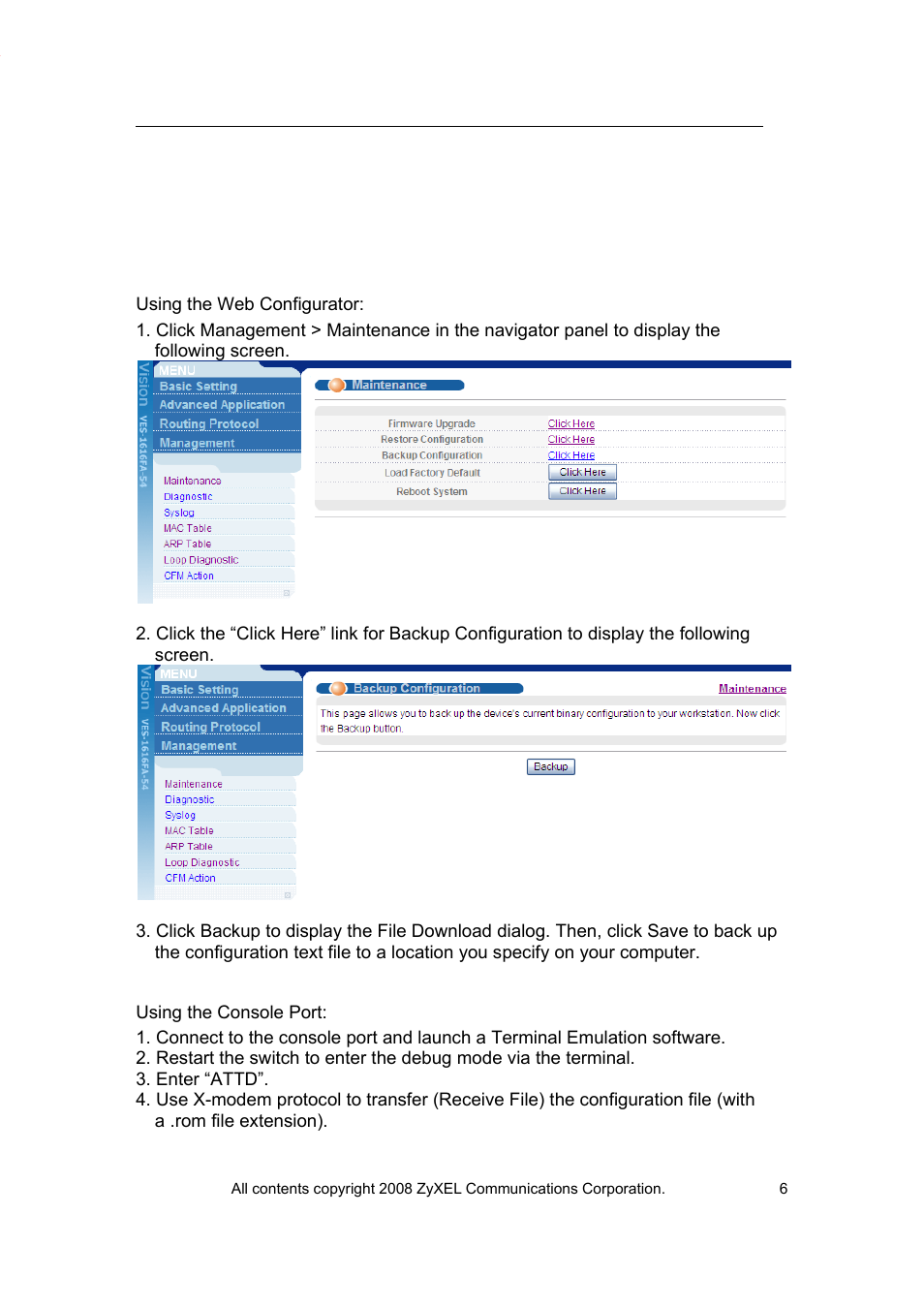 Backing up a configuration file | ZyXEL Communications VES-1616 User Manual | Page 7 / 118