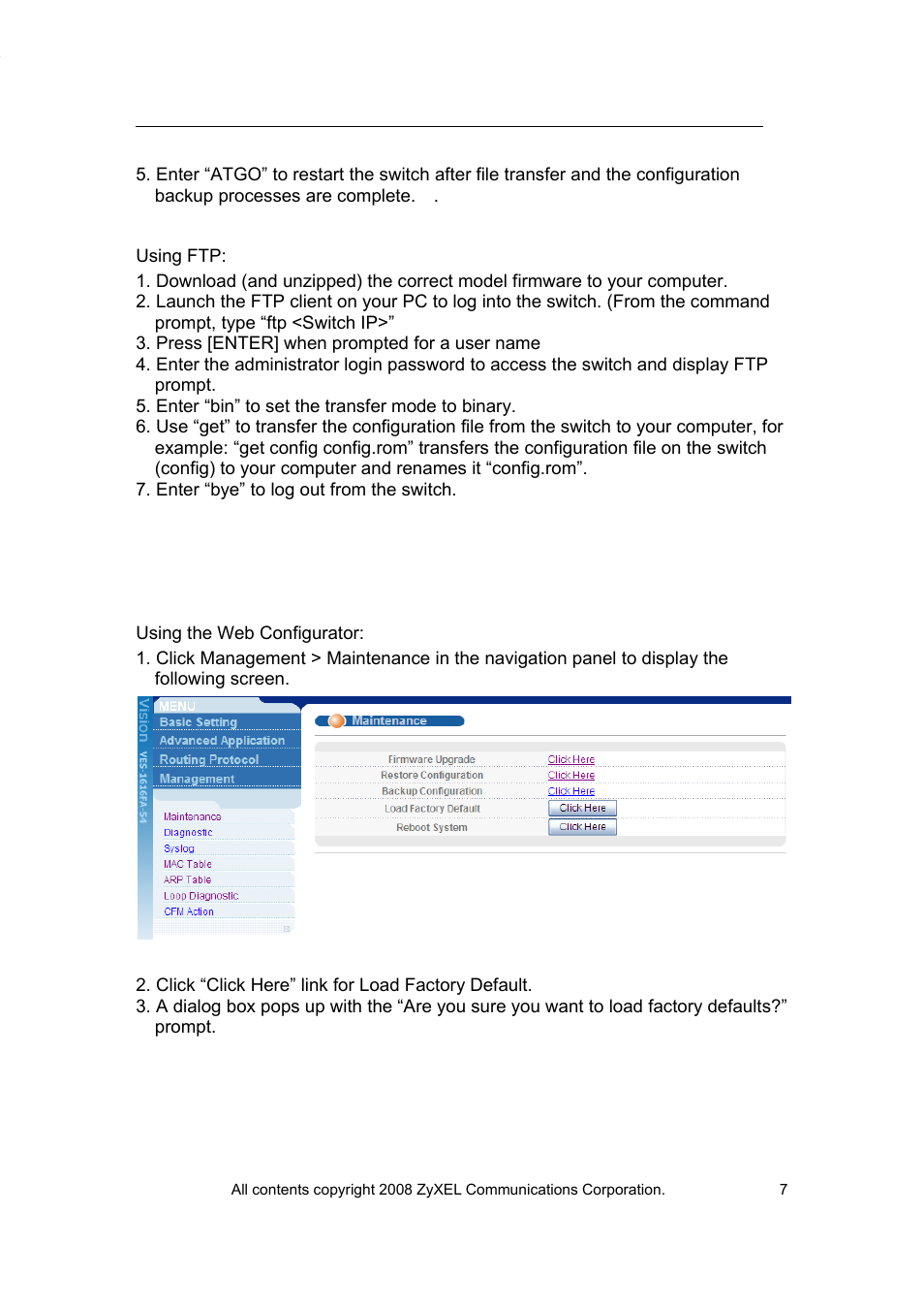 Load factory defaults | ZyXEL Communications VES-1616 User Manual | Page 8 / 118