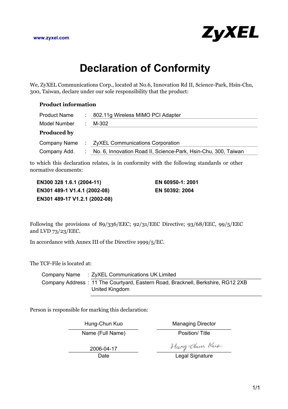 ZyXEL Communications ZyXEL XtremeMIMO M-302 User Manual | 1 page