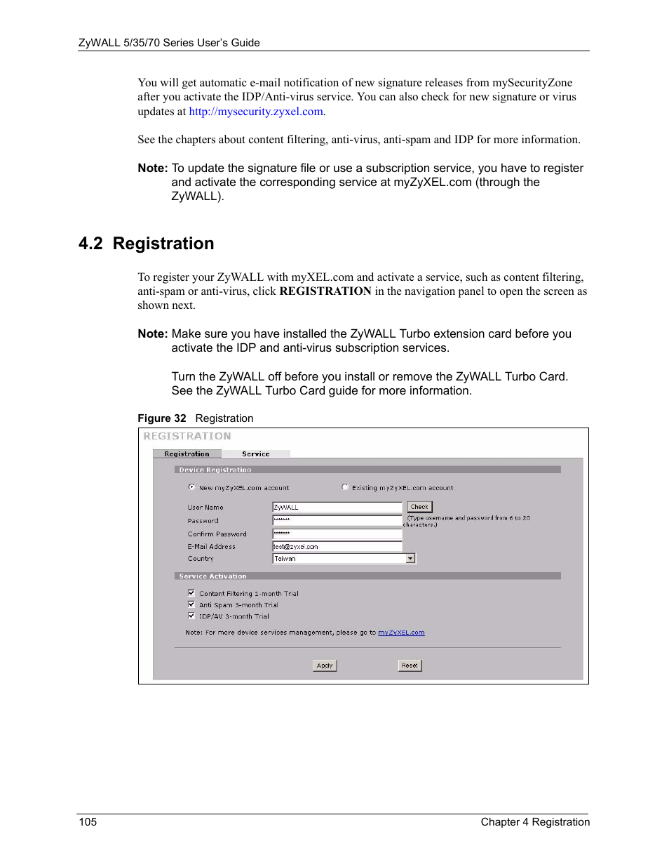 2 registration, Figure 32 registration | ZyXEL Communications 70 Series User Manual | Page 105 / 807