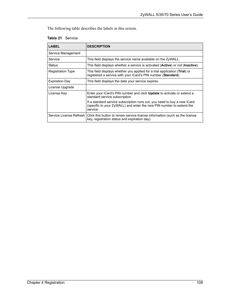 Table 21 service | ZyXEL Communications 70 Series User Manual | Page 108 / 807