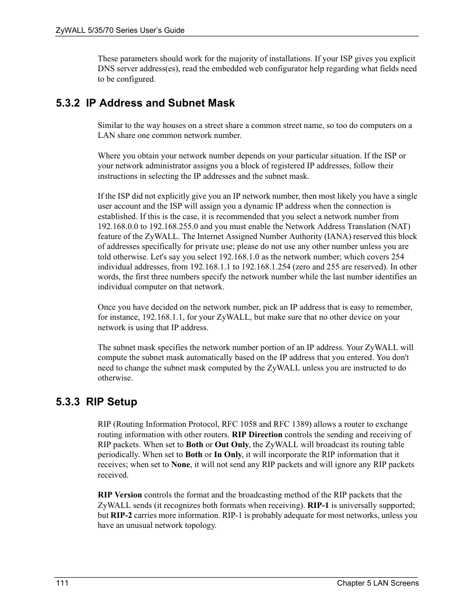 2 ip address and subnet mask, 3 rip setup, 2 ip address and subnet mask 5.3.3 rip setup | ZyXEL Communications 70 Series User Manual | Page 111 / 807
