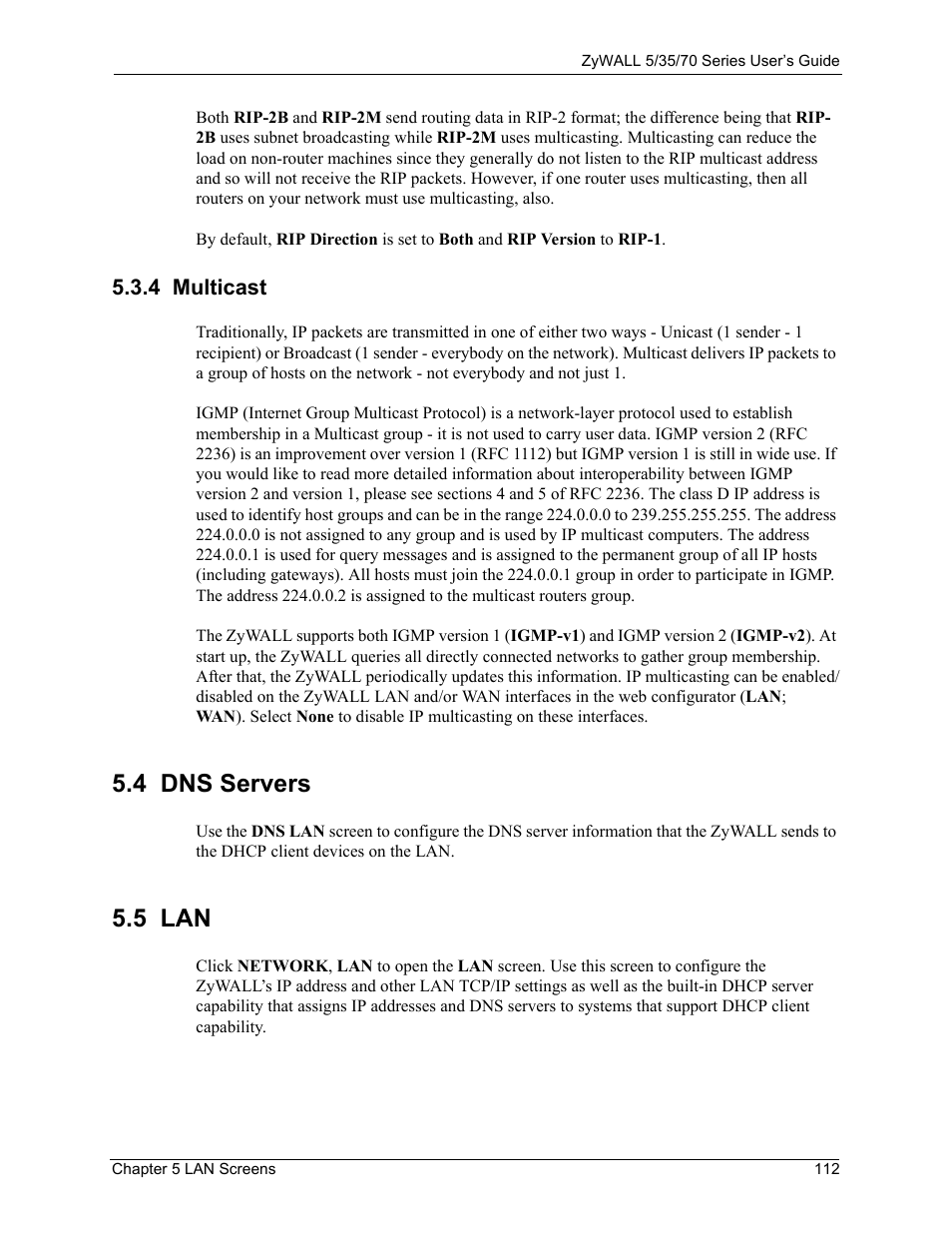 4 multicast, 4 dns servers, 4 dns servers 5.5 lan | 5 lan | ZyXEL Communications 70 Series User Manual | Page 112 / 807