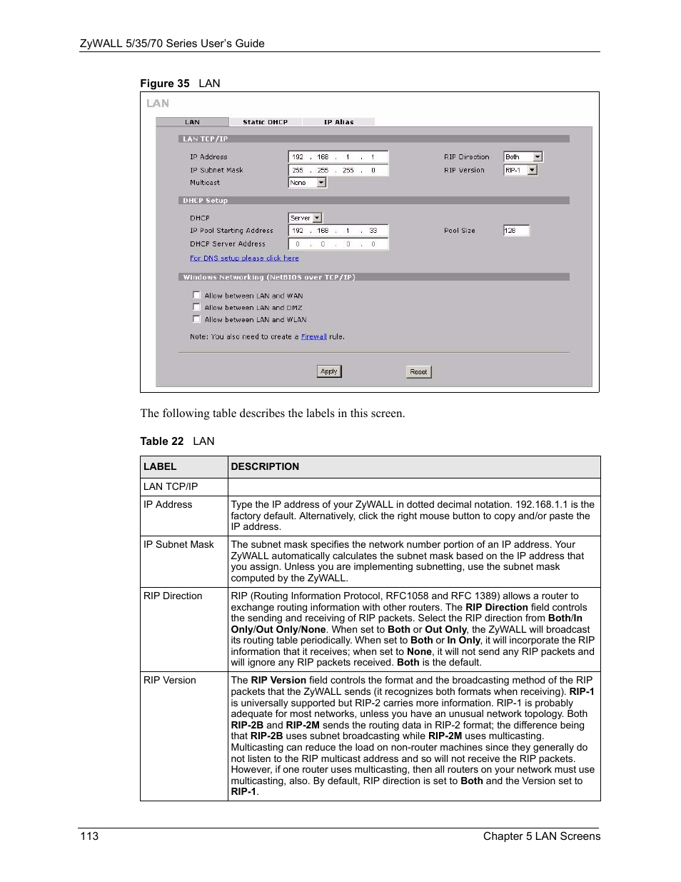 Figure 35 lan, Table 22 lan | ZyXEL Communications 70 Series User Manual | Page 113 / 807