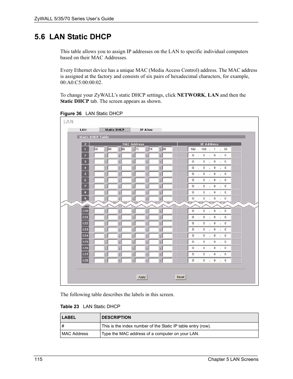 6 lan static dhcp, Figure 36 lan static dhcp, Table 23 lan static dhcp | ZyXEL Communications 70 Series User Manual | Page 115 / 807
