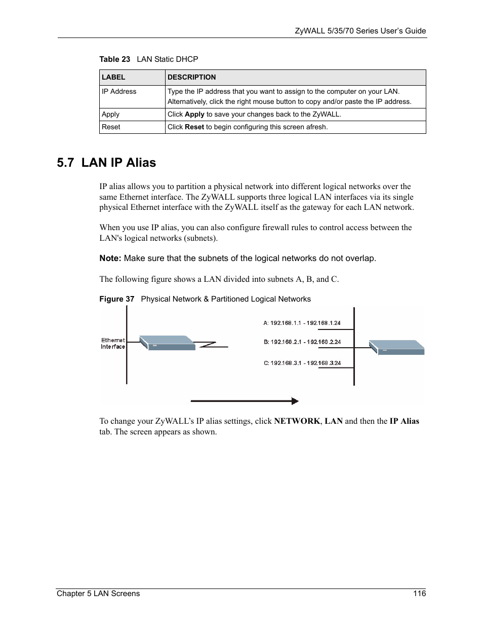 7 lan ip alias | ZyXEL Communications 70 Series User Manual | Page 116 / 807