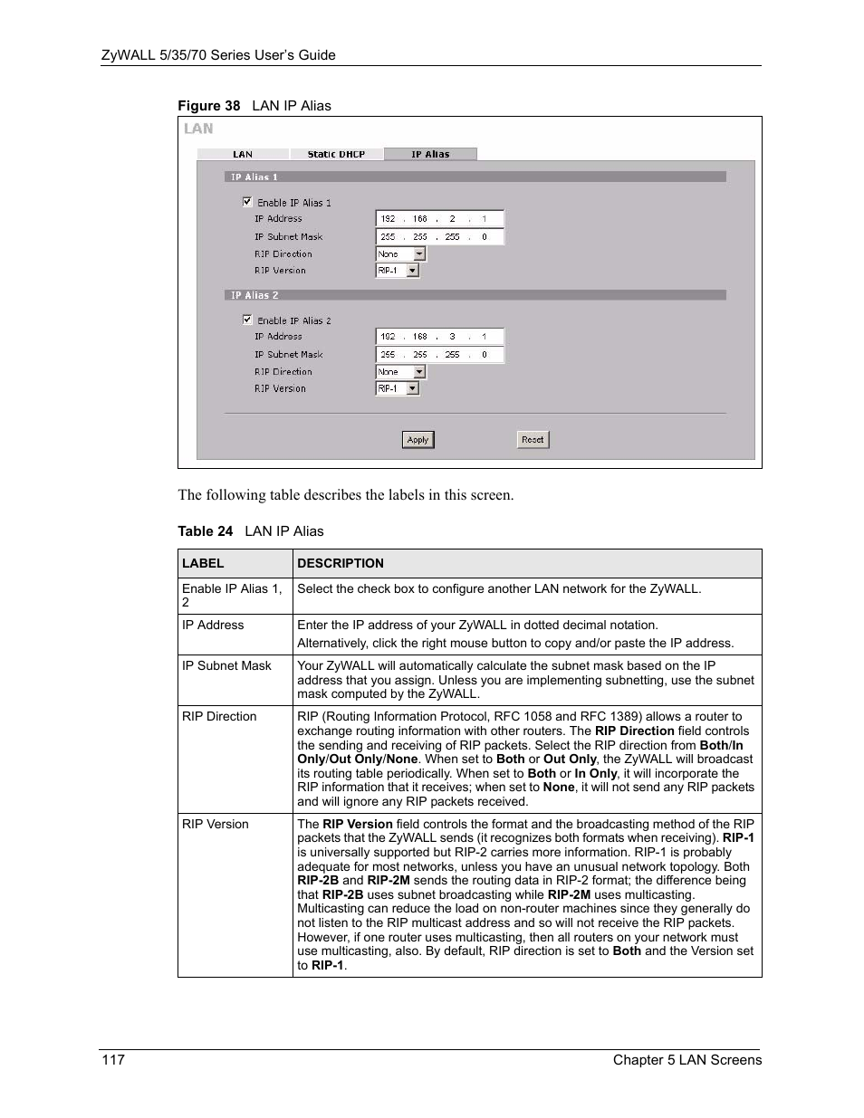 Figure 38 lan ip alias, Table 24 lan ip alias | ZyXEL Communications 70 Series User Manual | Page 117 / 807