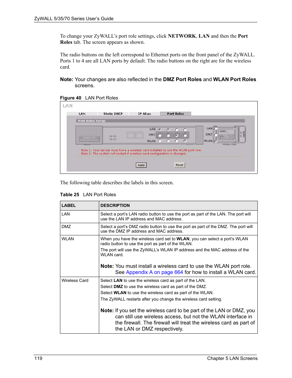 Figure 40 lan port roles, Table 25 lan port roles | ZyXEL Communications 70 Series User Manual | Page 119 / 807