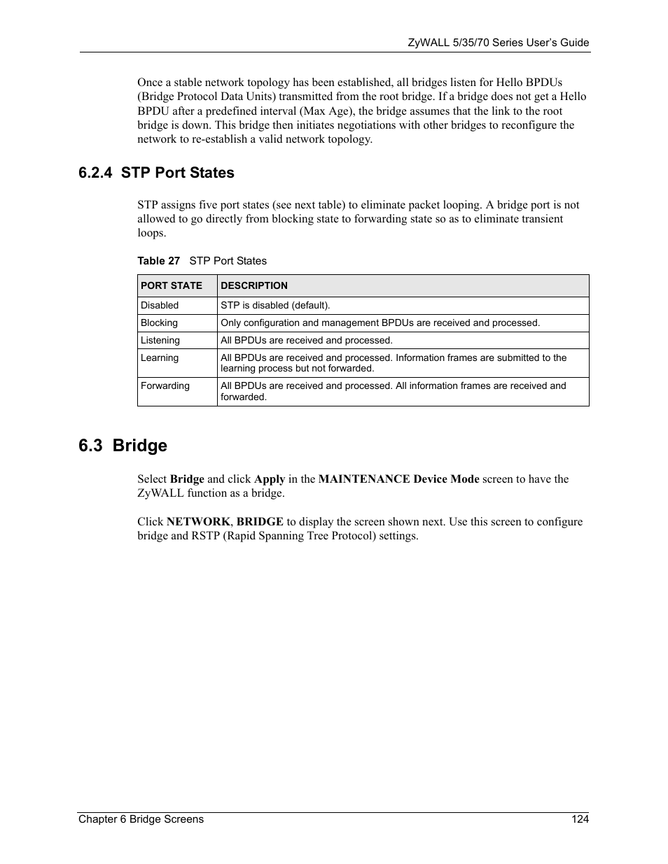 4 stp port states, 3 bridge, Table 27 stp port states | ZyXEL Communications 70 Series User Manual | Page 124 / 807