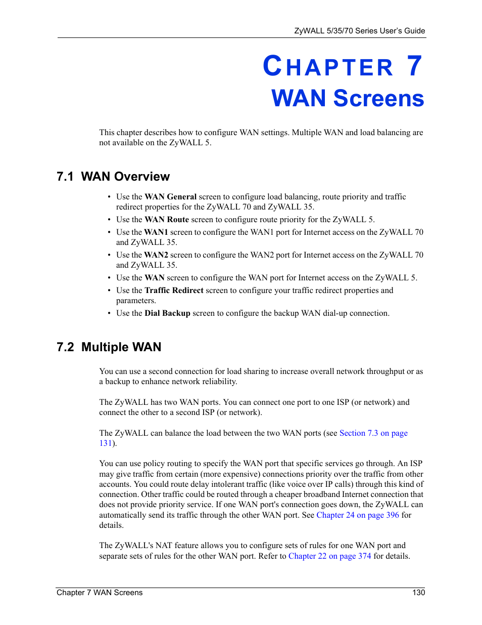 Wan screens, 1 wan overview, 2 multiple wan | Chapter 7 wan screens, 1 wan overview 7.2 multiple wan | ZyXEL Communications 70 Series User Manual | Page 130 / 807