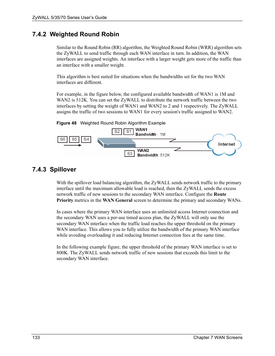 2 weighted round robin, 3 spillover, 2 weighted round robin 7.4.3 spillover | Figure 48 weighted round robin algorithm example | ZyXEL Communications 70 Series User Manual | Page 133 / 807