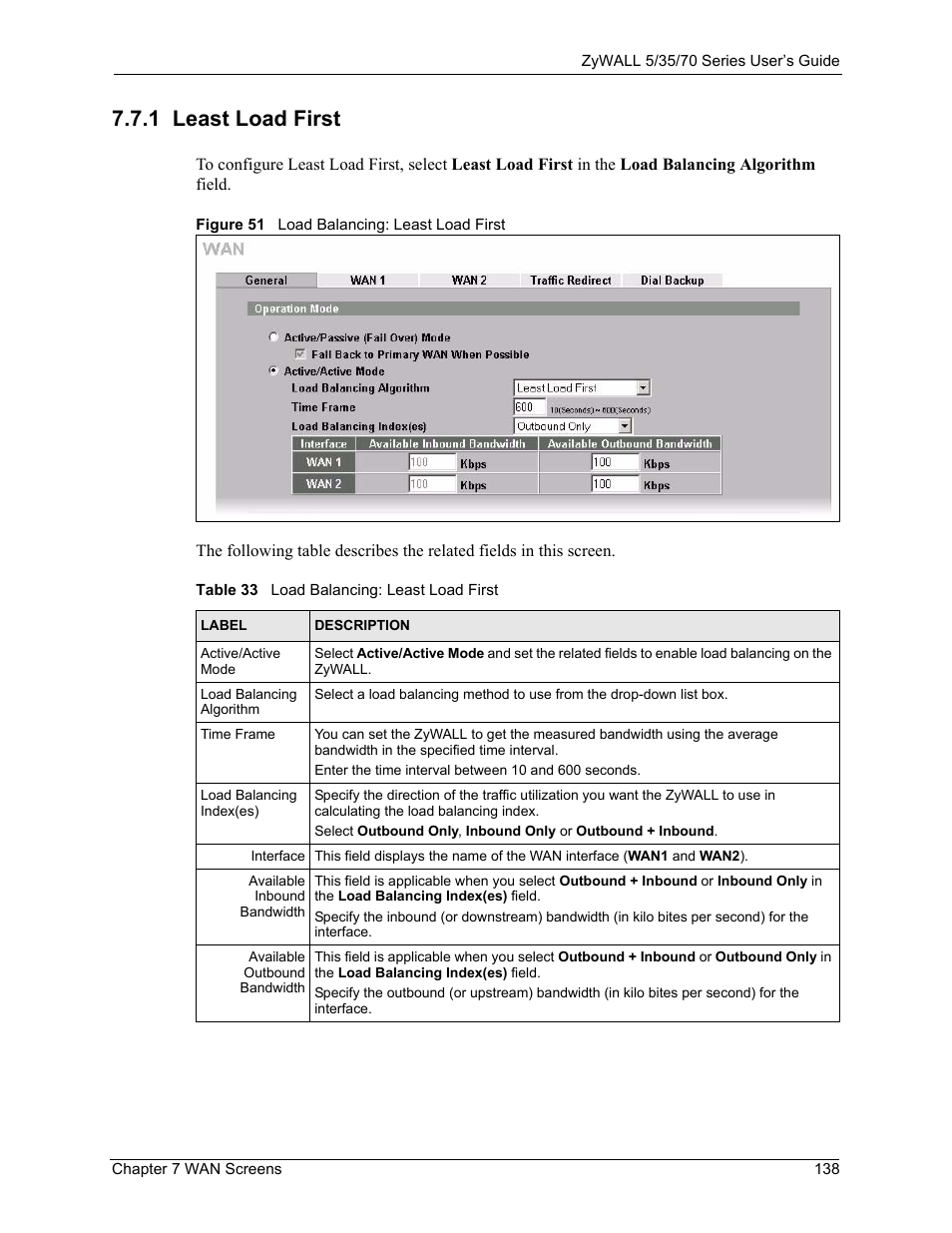1 least load first, Figure 51 load balancing: least load first, Table 33 load balancing: least load first | ZyXEL Communications 70 Series User Manual | Page 138 / 807