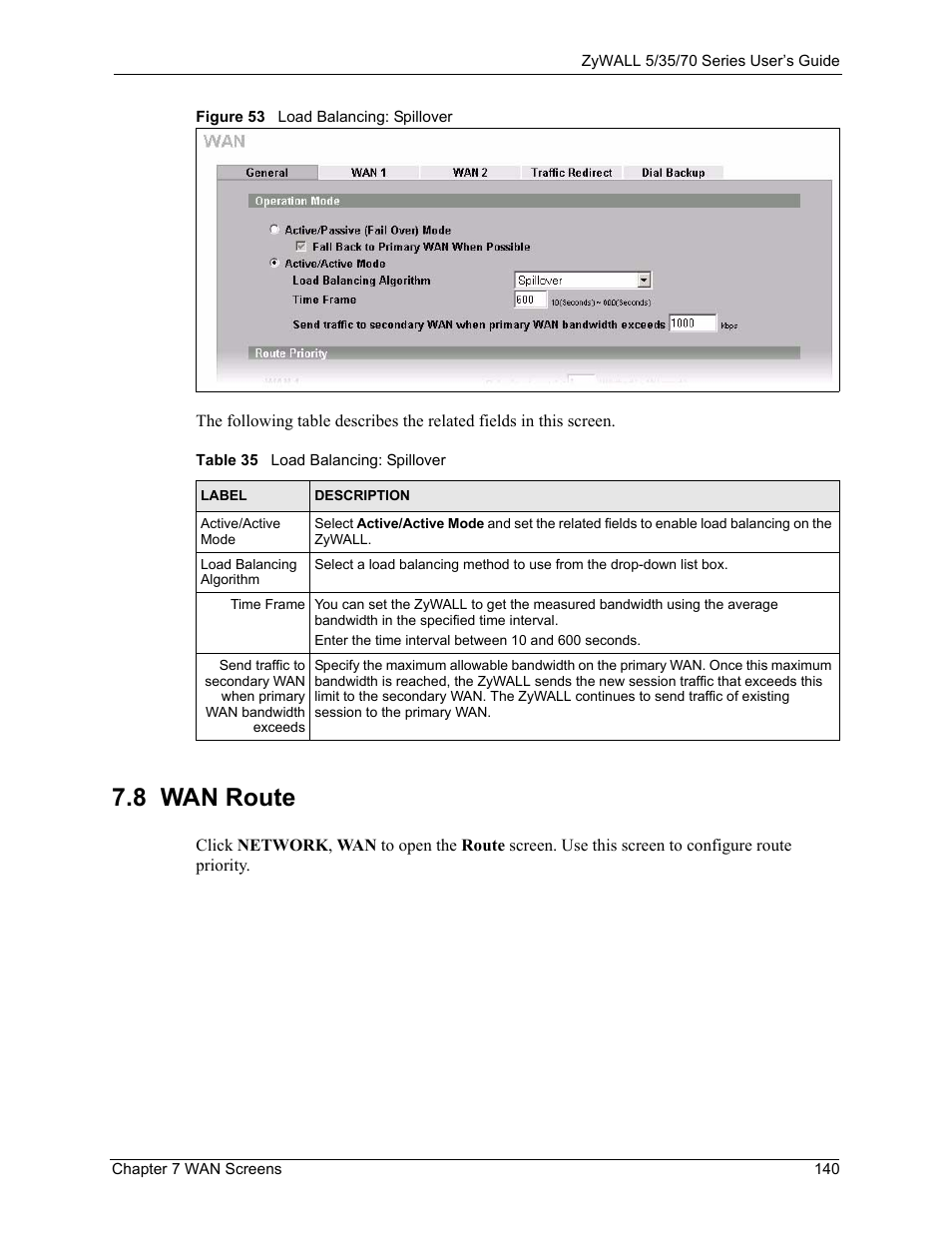 8 wan route, Figure 53 load balancing: spillover, Table 35 load balancing: spillover | ZyXEL Communications 70 Series User Manual | Page 140 / 807