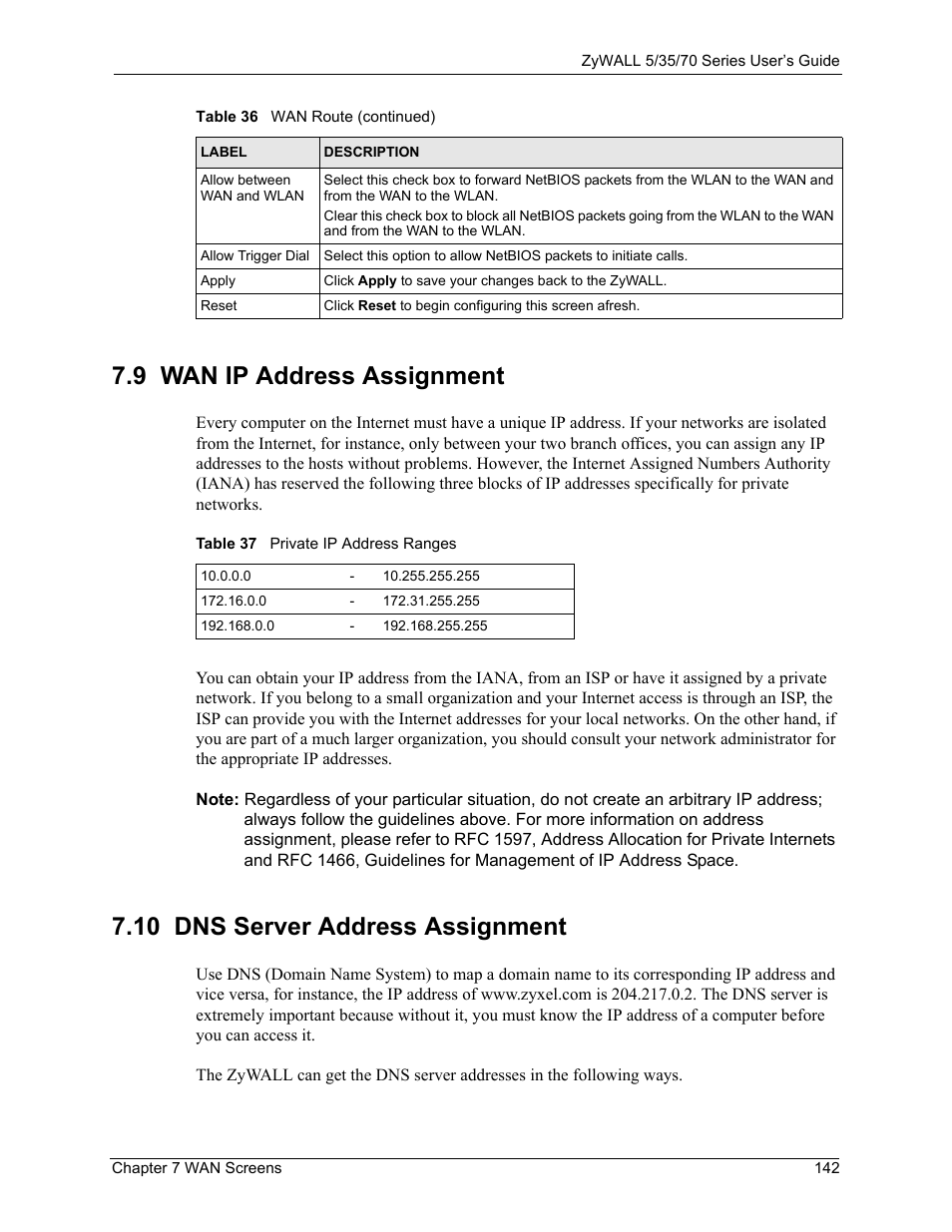 9 wan ip address assignment, 10 dns server address assignment, Table 37 private ip address ranges | ZyXEL Communications 70 Series User Manual | Page 142 / 807