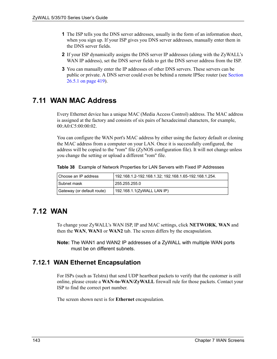 11 wan mac address, 1 wan ethernet encapsulation, 11 wan mac address 7.12 wan | 12 wan | ZyXEL Communications 70 Series User Manual | Page 143 / 807