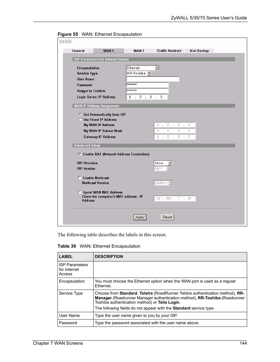 Figure 55 wan: ethernet encapsulation, Table 39 wan: ethernet encapsulation | ZyXEL Communications 70 Series User Manual | Page 144 / 807