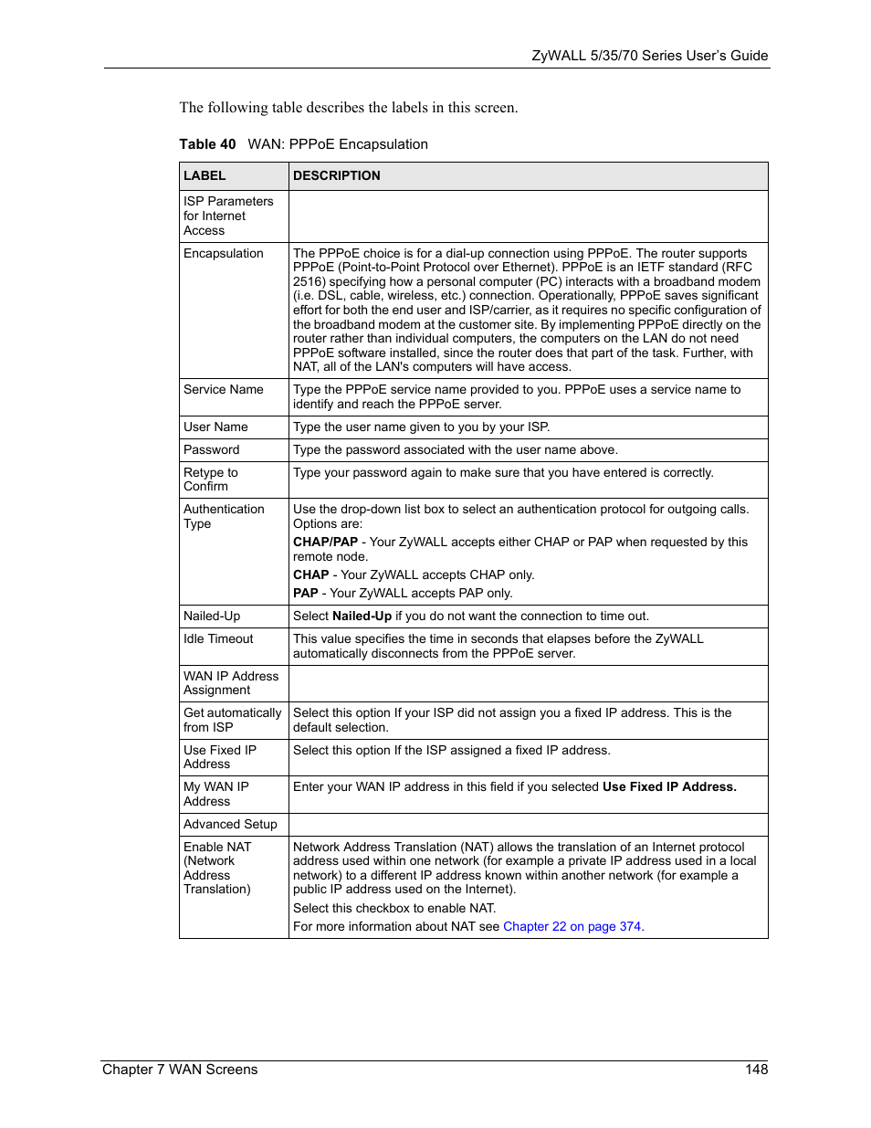 Table 40 wan: pppoe encapsulation | ZyXEL Communications 70 Series User Manual | Page 148 / 807