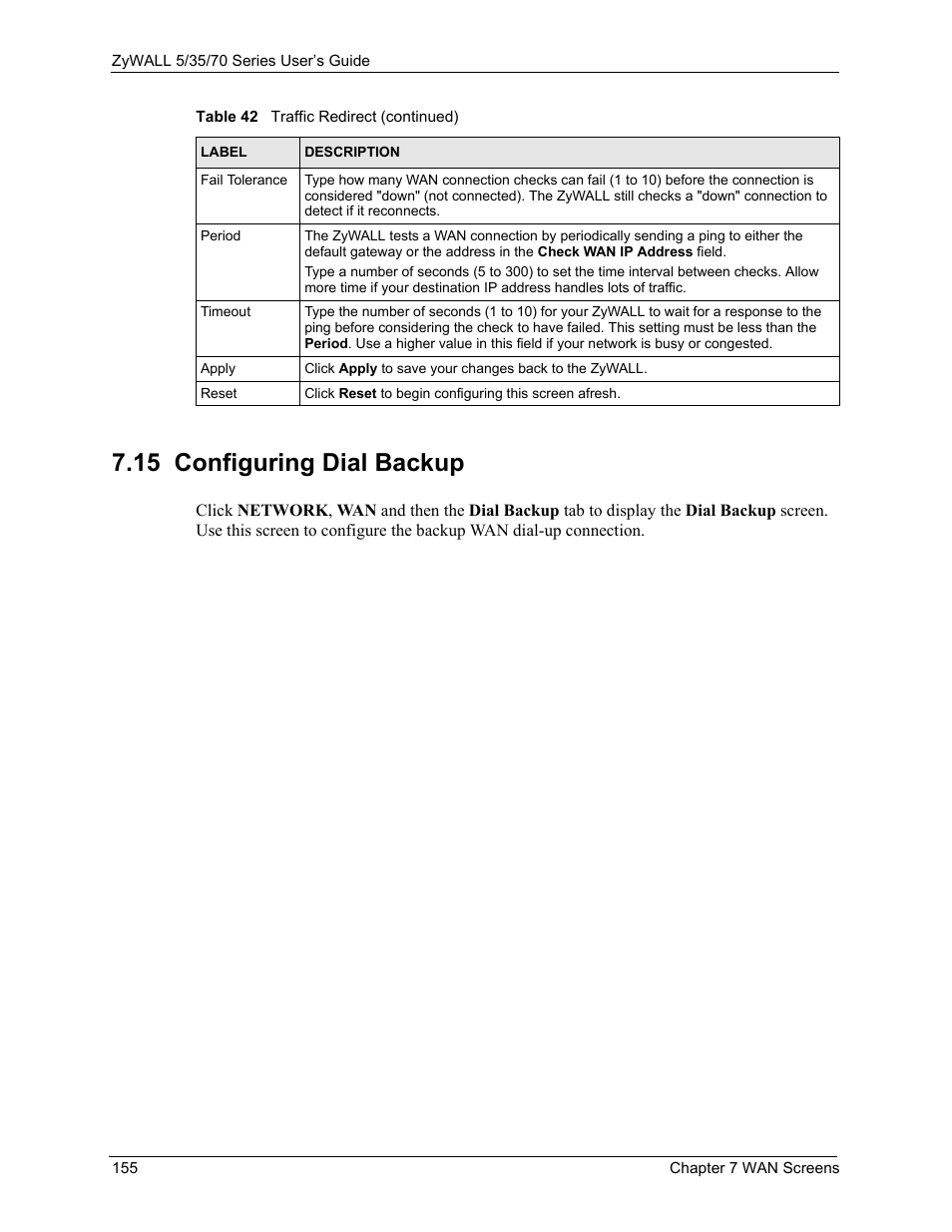 15 configuring dial backup | ZyXEL Communications 70 Series User Manual | Page 155 / 807