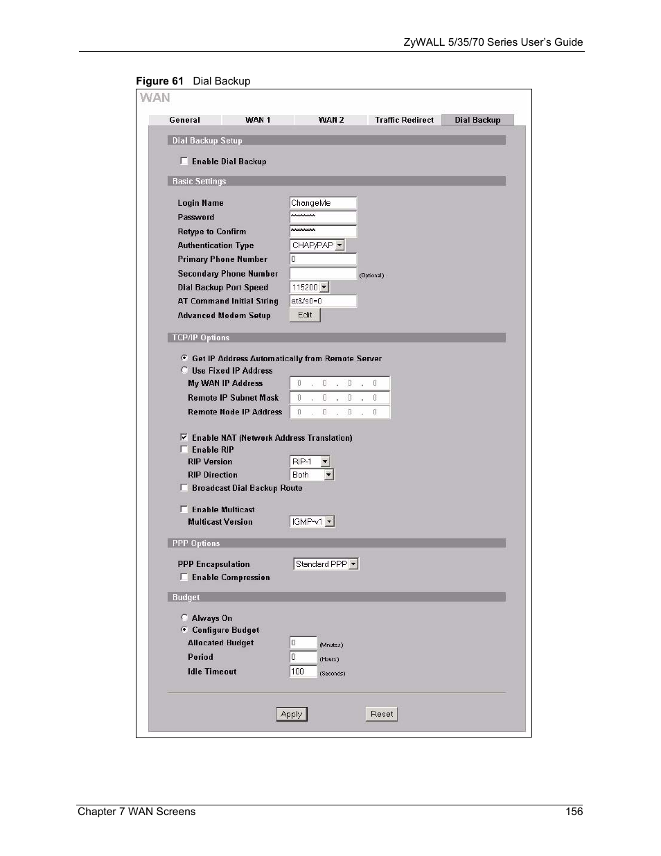 Figure 61 dial backup | ZyXEL Communications 70 Series User Manual | Page 156 / 807