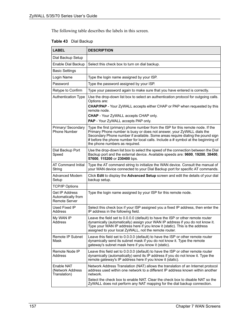 Table 43 dial backup | ZyXEL Communications 70 Series User Manual | Page 157 / 807