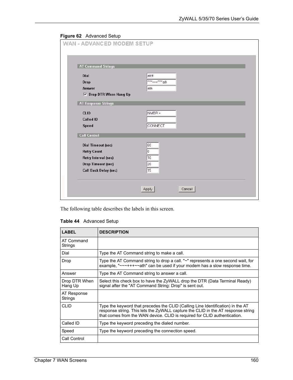 Figure 62 advanced setup, Table 44 advanced setup | ZyXEL Communications 70 Series User Manual | Page 160 / 807